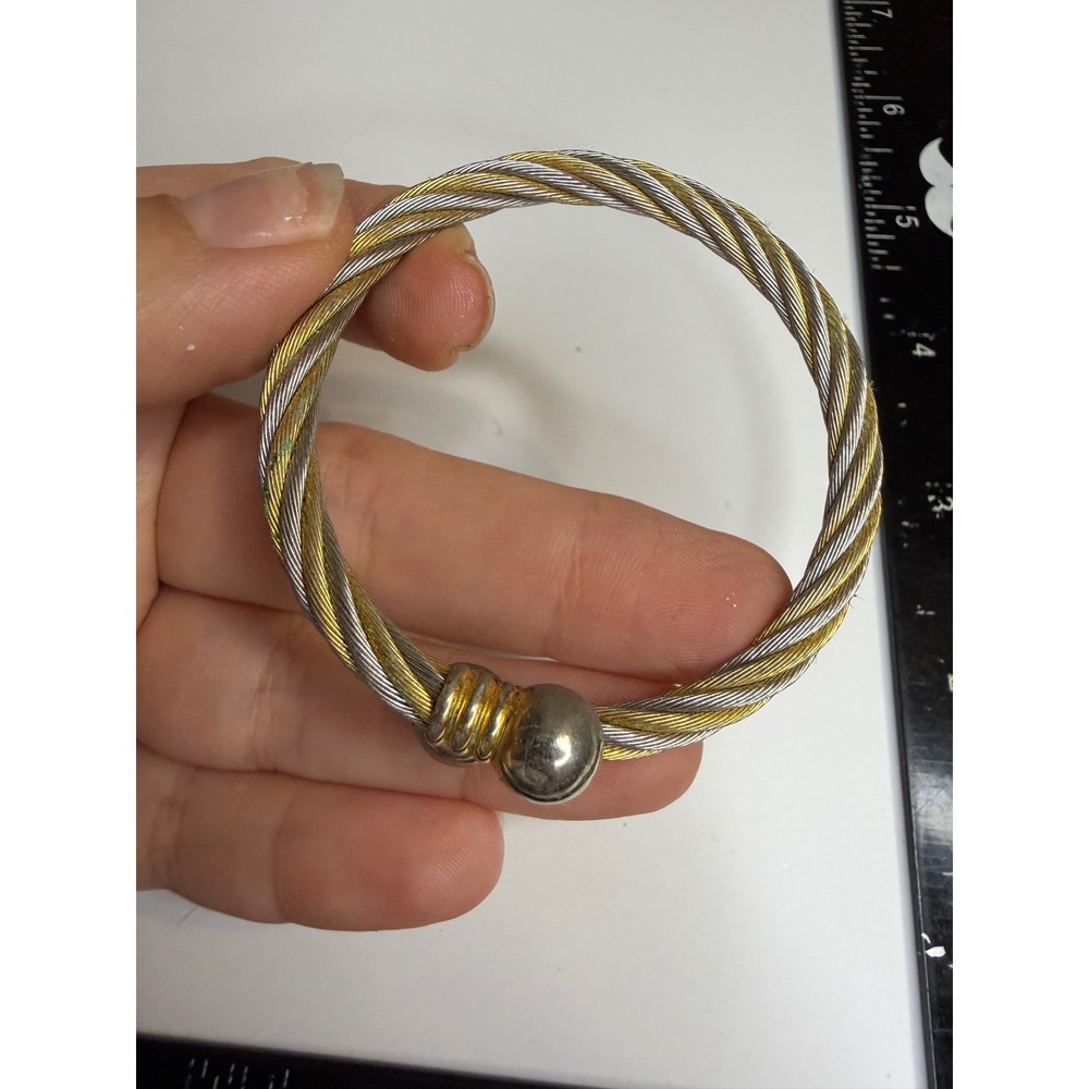 Two Tone Twisted Cable Cuff Bracelet Gold Silver Tone Ball End Open Bangle
